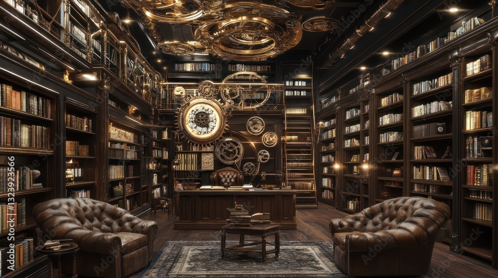 Ornate library with steampunk accents. Detailed wooden bookshelves, leather armchairs, and a large desk. Gears and clock adorn the room