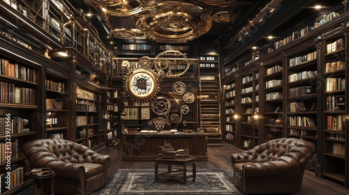 Obraz na płótnie Ornate library with steampunk accents. Detailed wooden bookshelves, leather armchairs, and a large desk. Gears and clock adorn the room w salonie