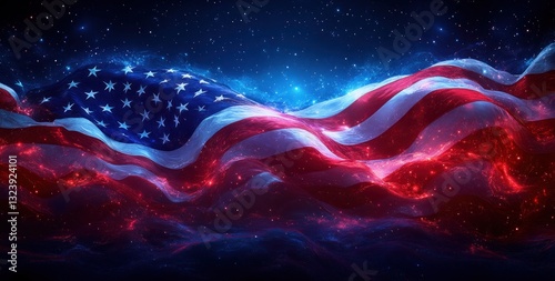 Celebrate Independence Day with National American Flag and Patriotic Lettering on Blue Background in 3D Illustration