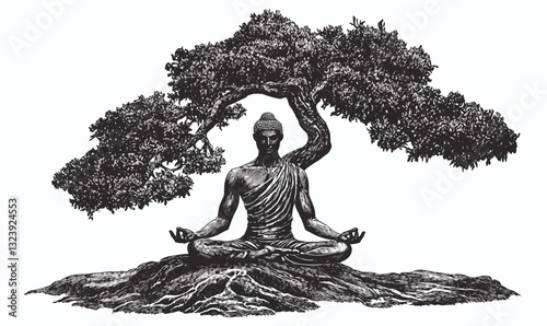 Meditating buddha under tree, peaceful meditation and nature scene, monochrome, linear icons set, vector.