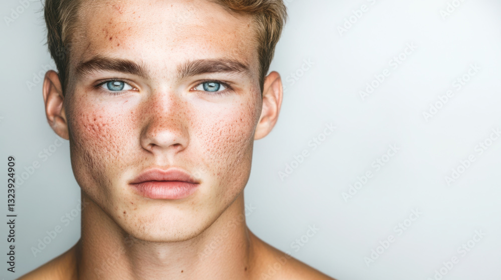 Fototapeta premium Portrait of a young caucasian male model posing shirtless against a white backdrop, revealing natural skin imperfections like acne, freckles, and scars while promoting body positivity. Copy space