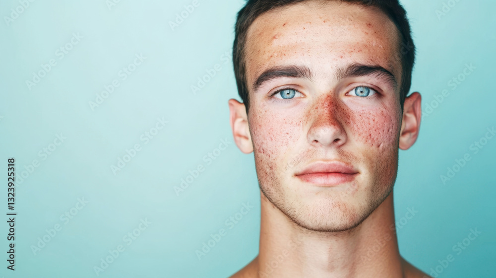 Fototapeta premium Portrait of a young caucasian man with freckles and acne scars looking at the camera against a light blue background with copy space, showing his real and imperfect skin