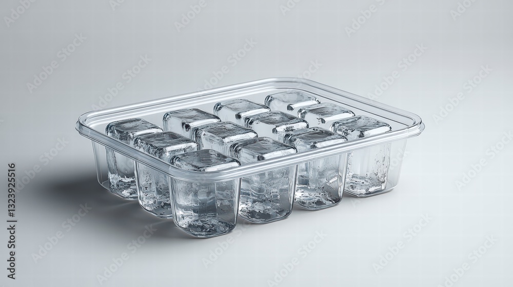Fototapeta premium Chilled Perfection: An inviting array of pristine ice cubes held within a clear plastic tray, capturing the essence of refreshing coolness.