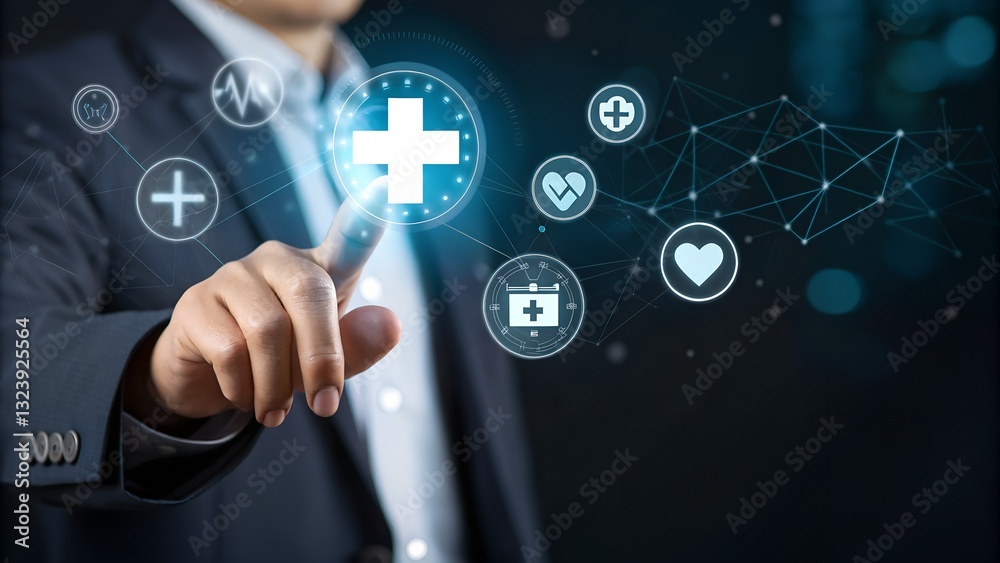 Businessman touching on virtual blue plus sign for positive thinking mindset or healthcare insurance symbol concept, Mental health care, mental rejuvenation. Businessman touching on virtual blue plus sign for positive thinking mindset or healthcare insurance symbol concept, Mental health care, mental rejuvenation.