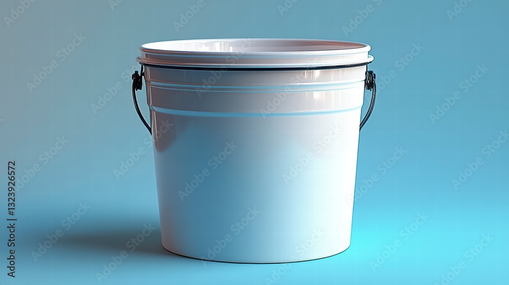 Bucket of paint: A minimalist studio shot showcases a clean, gleaming bucket with handle in neutral tones, highlighting its simple functionality, with bright light.