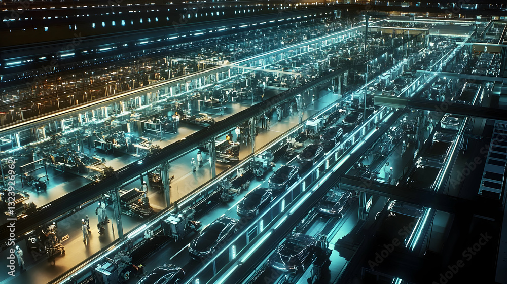 Futuristic automated car factory with robotic assembly line and advanced machinery Futuristic automated car factory with robotic assembly line and advanced machinery