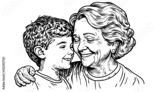 Heartwarming family connection: grandmother and grandson embrace, black and white, linear icons set.