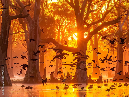 A Serene and Beautiful Sunset over a Mystic Wetland with Soaring Birds in the Sky