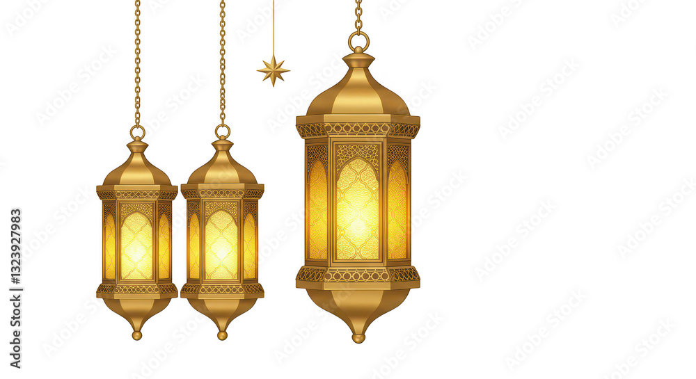 Set of three golden hanging lanterns with Islamic patterns and star, creating a festive Ramadan design against a white background. Set of three golden hanging lanterns with Islamic patterns and star, creating a festive Ramadan design against a white background.