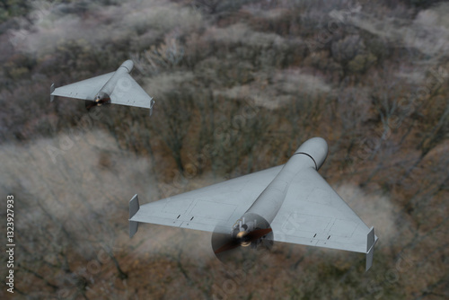 A pair of drones in action - attack drones over dense forest.