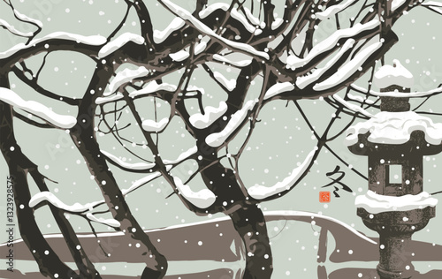 Winter landscape in the style of Chinese or Japanese watercolor with snow-covered tree branches, Japanese stone lantern against snowflakes background. Translation of Hieroglyph Winter