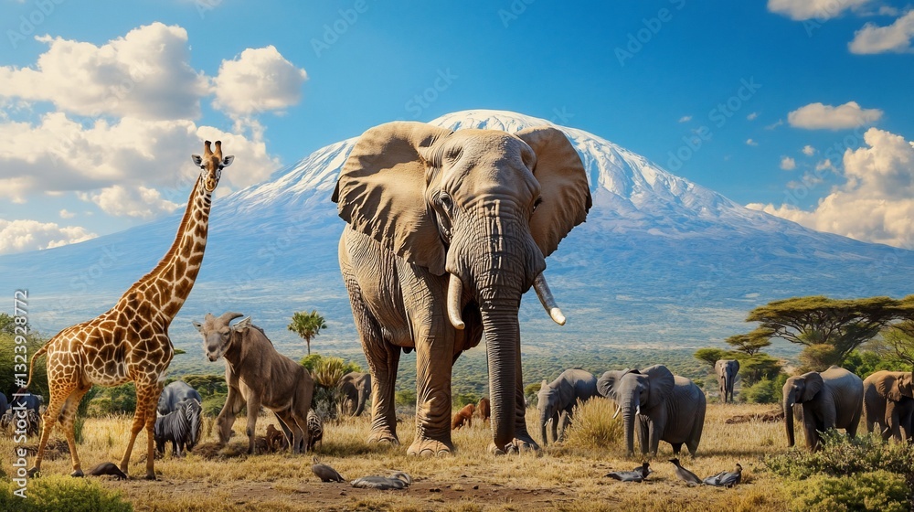 Fototapeta premium African savanna elephant herd, giraffe, Kilimanjaro