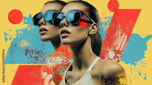 Two portraits of a woman wearing sunglasses with bold, colorful background.