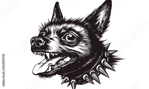 Fierce dog head with spiked collar - black and white linear icons set, vector.