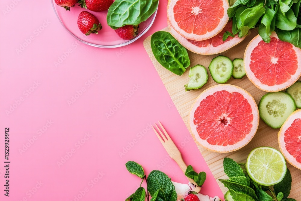 Naklejka premium Fresh Fruits and Greens on Pink Background with Wooden Utensils