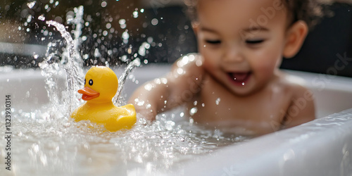 Obraz na płótnie Toddler Bathing with Yellow Rubber Ducky Toy w salonie