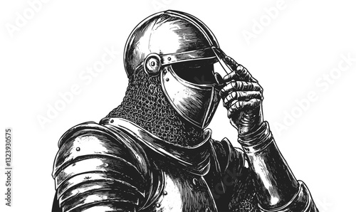 Medieval knight in armor adjusting helmet gesture, monochrome illustration, vector, linear icons set.