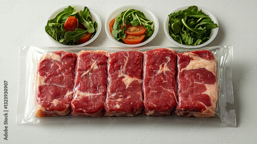 Fresh Cuts of Meat with Salad: Top-down studio shot of raw, fresh beef steaks neatly arranged in a plastic package alongside small bowls of fresh, vibrant salads, ready for a healthy meal. Fresh Cuts of Meat with Salad: Top-down studio shot of raw, fresh beef steaks neatly arranged in a plastic package alongside small bowls of fresh, vibrant salads, ready for a healthy meal.