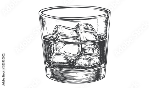 Whiskey glass with ice cubes sketch - flat vector icons set.