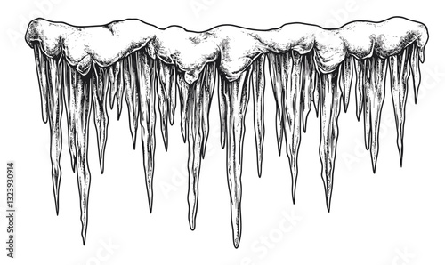 Detailed icicles hanging from roof, snow elements - linear icons set, vector.