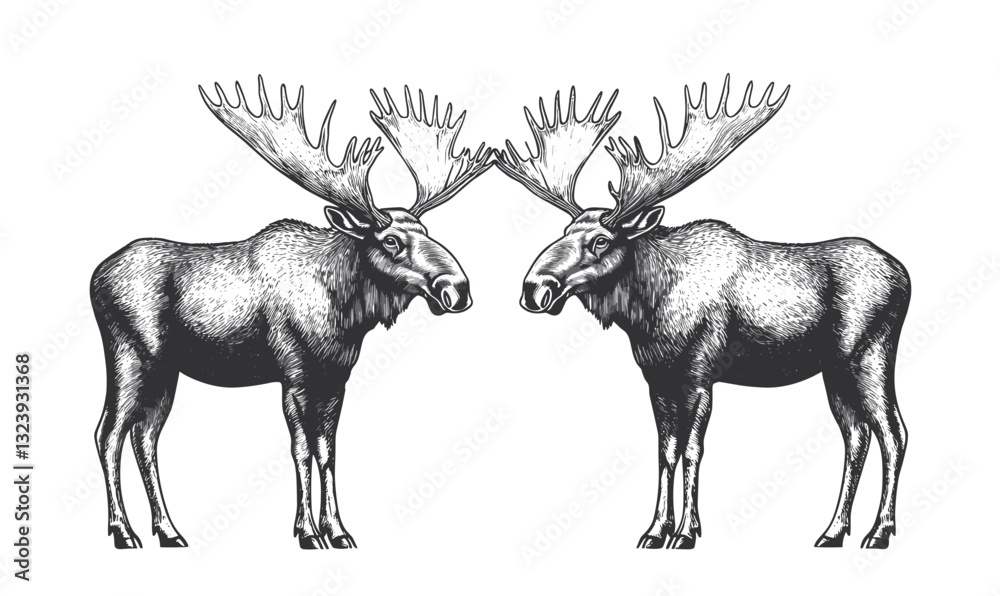 Two symmetrical moose facing each other, nature wildlife icons set, linear style vector. Two symmetrical moose facing each other, nature wildlife icons set, linear style vector.