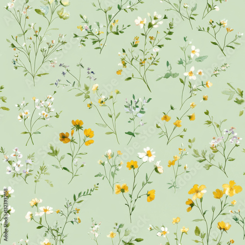 Seamless pattern with many small florals on light green background, vector illustration, graphic design, cute style, watercolor, green palette, high resolution, professional photography, 