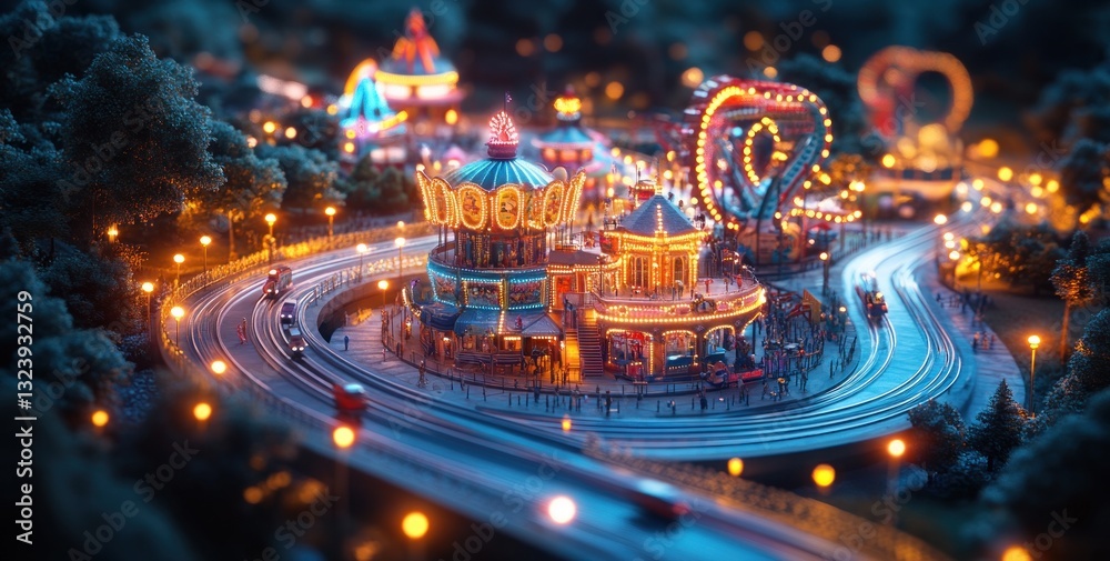 Obraz premium Carnival Amusement Park Neon Funfair Fantasy with Roller Coaster and Vibrant Night Lights