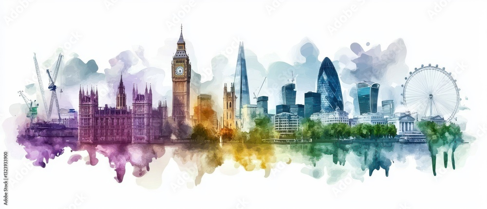 Fototapeta premium Colorful Watercolor Cityscape Skyline With Famous Landmarks of Major Global Cities Like London Paris and New York and Abstract Urban Landscape