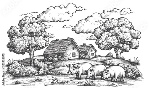 Rural farm scene with pigs and cottages, nature landscape icons set, linear vector.