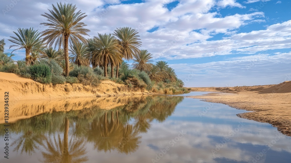 Tranquil Oasis in Desert Landscape Showcasing Palm Trees, Cloudy Sky, and Reflective Water in a Natural Serenity Environment Tranquil Oasis in Desert Landscape Showcasing Palm Trees, Cloudy Sky, and Reflective Water in a Natural Serenity Environment