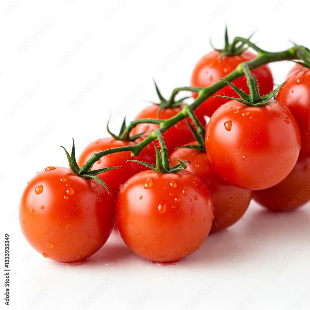 Juicy red cherry tomatoes on branch with dew drops on white background, isolated. Fresh and appetizing, ideal for culinary projects and healthy food advertising. Juicy red cherry tomatoes on branch with dew drops on white background, isolated. Fresh and appetizing, ideal for culinary projects and healthy food advertising.