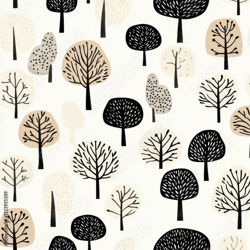 A seamless pattern of trees, in a beige and black color palette, with simple shapes on a white background. The design is cute and quirky, inspired