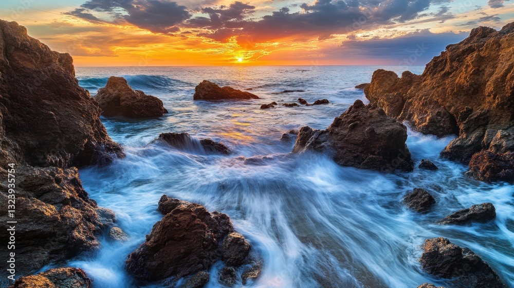 Fototapeta premium Breathtaking Sunset over Rocky Coastline with Gentle Ocean Waves