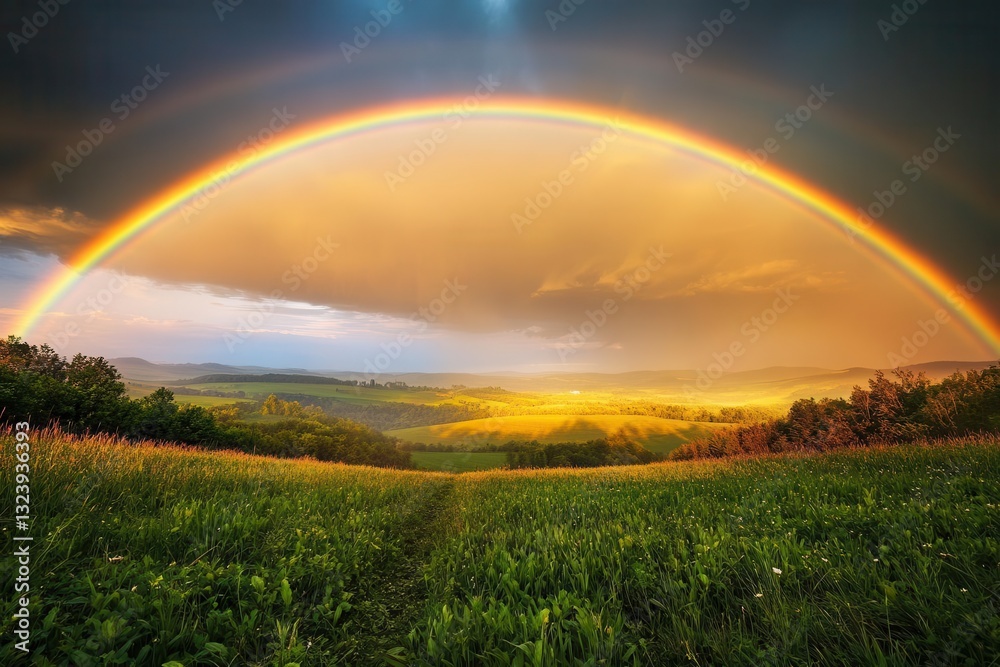 Obraz premium double rainbow arching majestically over misty countryside meadow, golden sunlight filtering through parting storm clouds, creating dramatic light rays across verdant fields and distant rolling hills