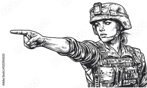 Female soldier pointing direction in military gear, vector, linear, icons set.