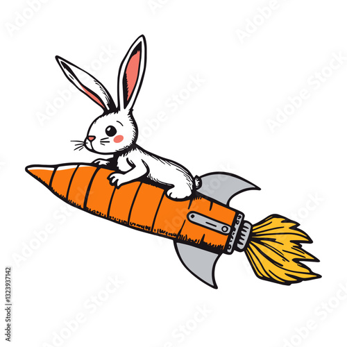 cartoon rabbit riding carrot rocket, playful illustration