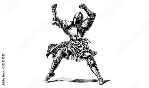 Medieval knight in full armor dynamic pose, linear style icons set, vector.