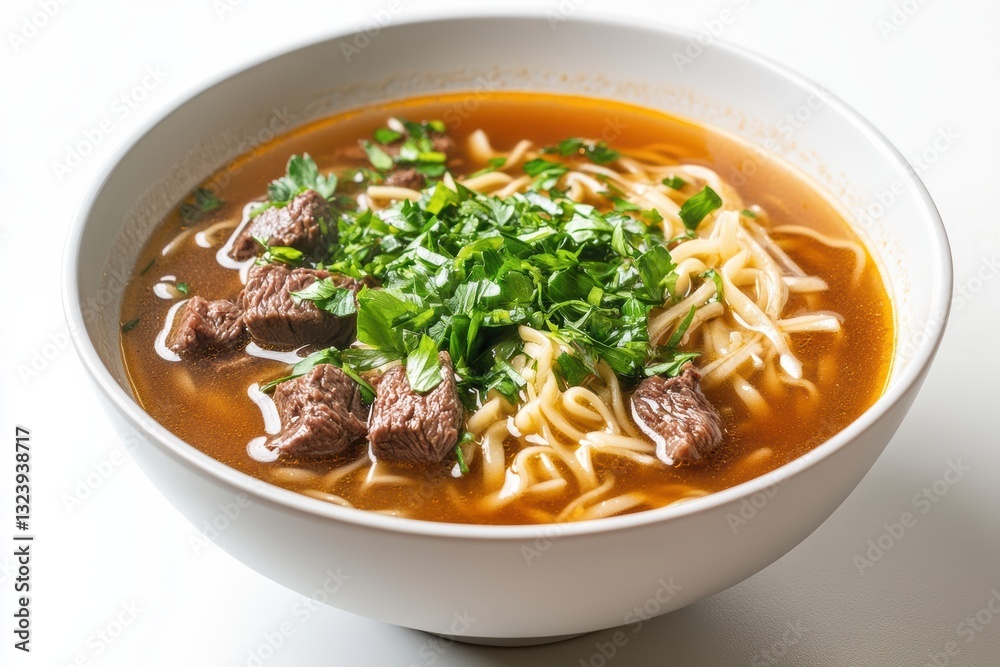 Savory beef noodle soup garnished with fresh herbs in a pristine white bowl Savory beef noodle soup garnished with fresh herbs in a pristine white bowl