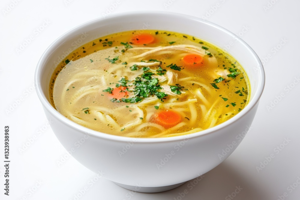 Delicious bowl of chicken noodle soup with vegetables against a clean white background Delicious bowl of chicken noodle soup with vegetables against a clean white background