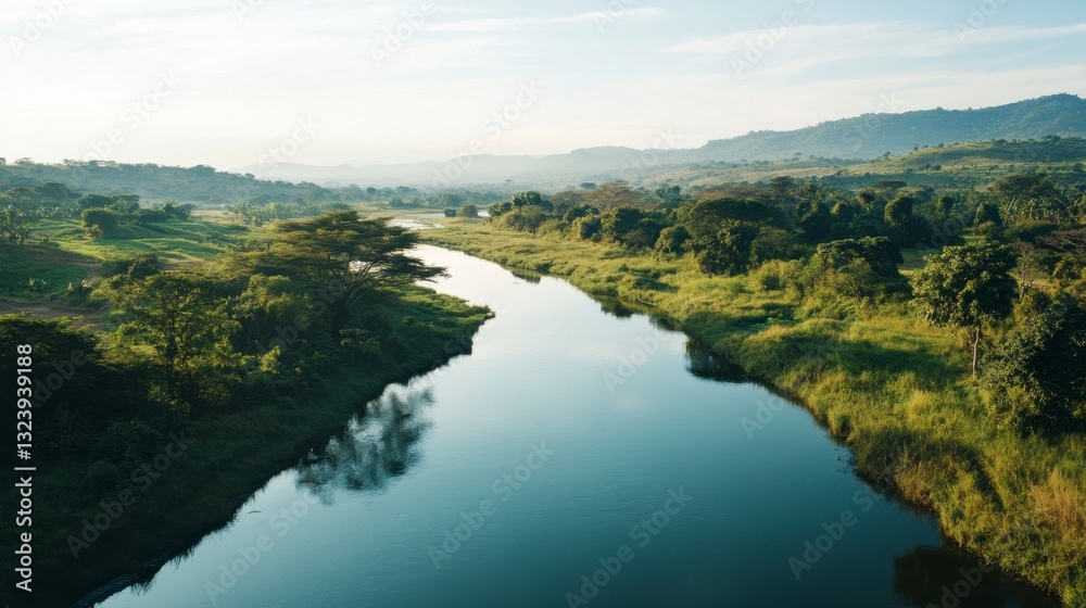 Obraz premium Serene River Surrounded by Lush Greenery and Rolling Hills