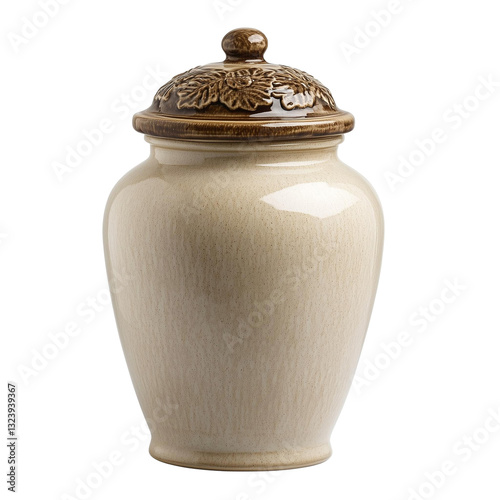 Ceramic urn with decorative lid on transparent background