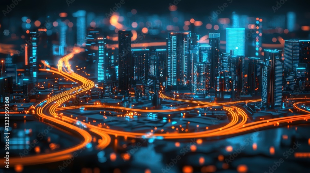 Fototapeta premium Stunning nighttime cityscape featuring a dazzling array of skyscrapers illuminated roads and a bustling urban infrastructure