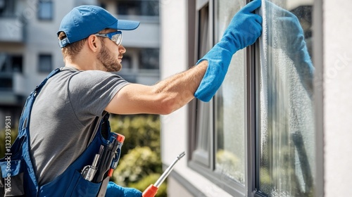 Worker cleaning window, apartment building background