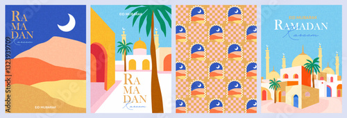Ramadan Kareem Eid Mubarak. Set of posters, cards, holiday covers modern design in bright colors with geometric pattern, mosque, sunny old city, moon in the night sky over the sand dunes