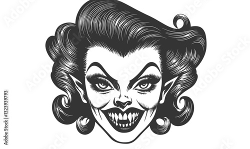 Creepy vampire woman icon set with dark hair and sharp teeth, vector, linear style.