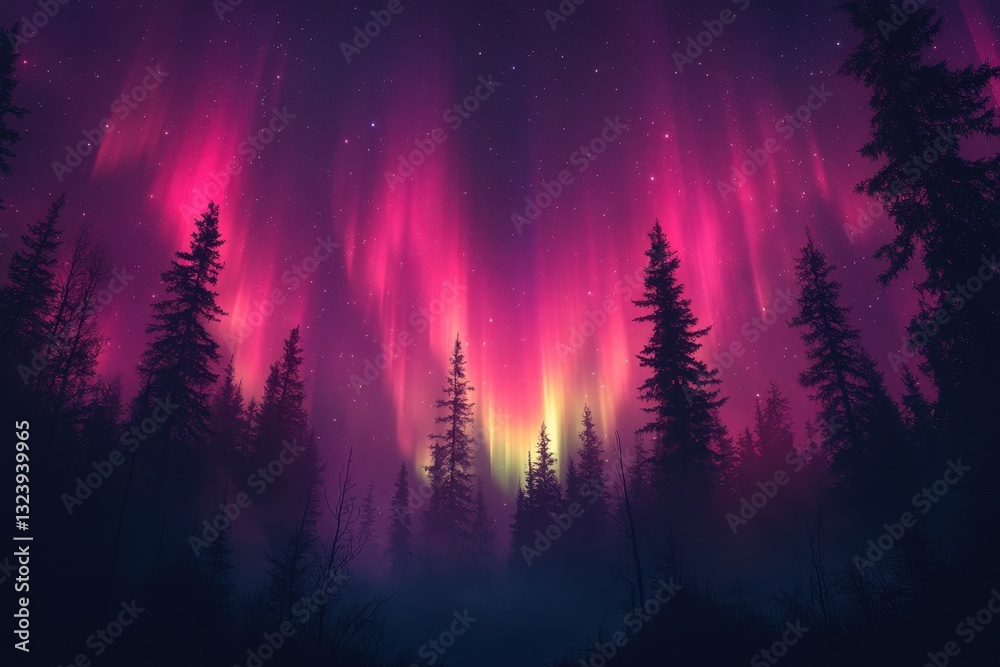 A stunning display of auroras illuminates the night sky above a dark forest, creating a vibrant blend of purple, pink, and green hues. A stunning display of auroras illuminates the night sky above a dark forest, creating a vibrant blend of purple, pink, and green hues.