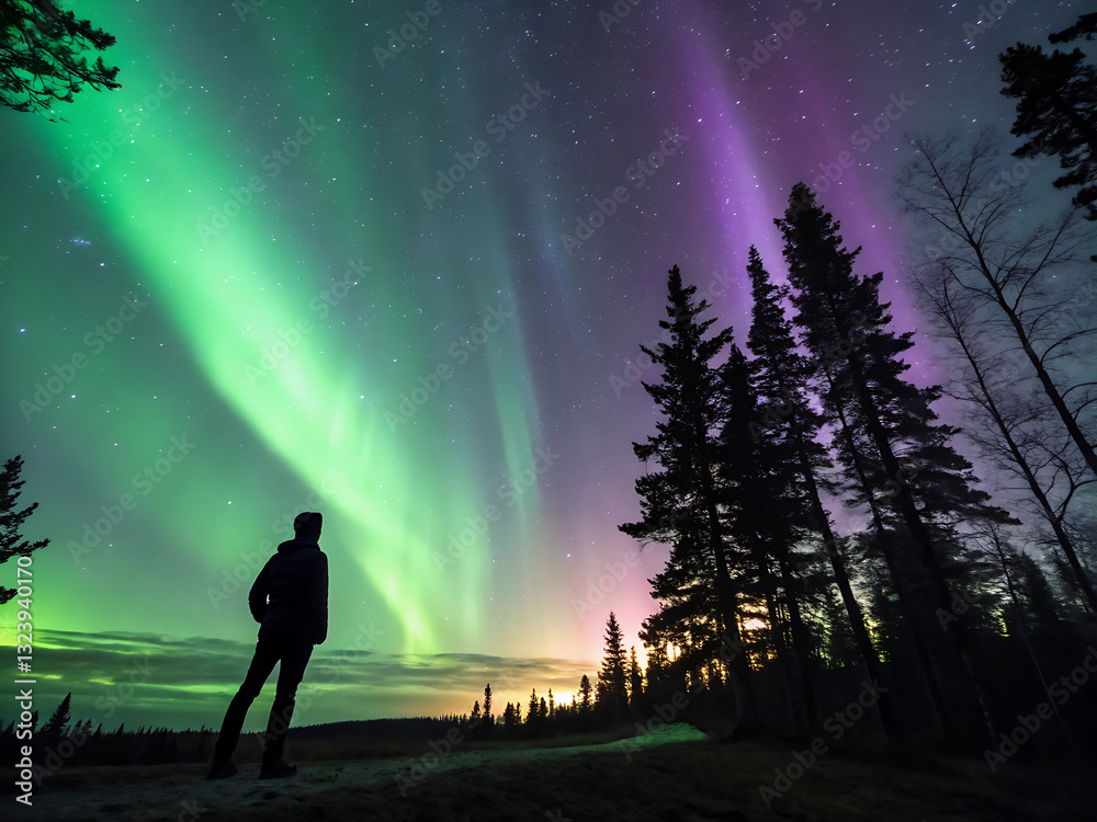 Fototapeta premium Awe-Inspired Stargazer Under the Northern Lights