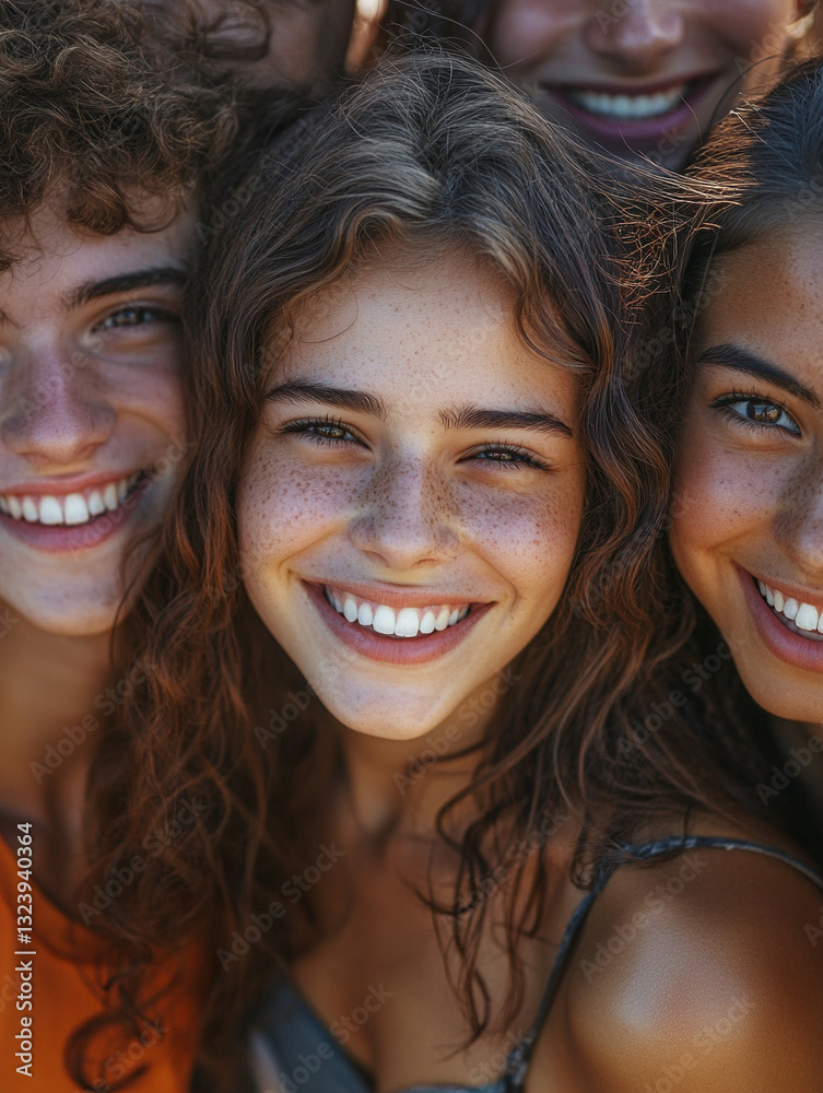 Friends smiling together at a summer gathering by the beach Friends smiling together at a summer gathering by the beach