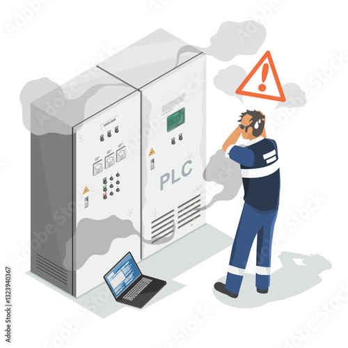 Smart Factory Automation Error Electrical Control Panel Overheating with Technician Troubleshooting System Failure, Isometric Isolated