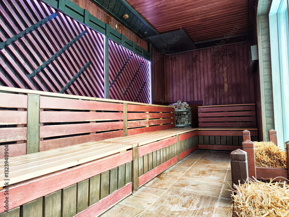 Cozy wooden seating area in a relaxation space with modern lighting features
